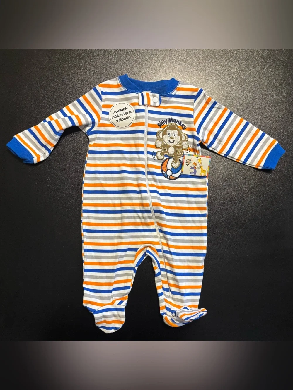 Striped Blue & Orange Baby One-Piece with Monkey Applique nwt